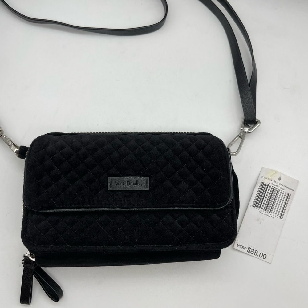 VERA BRADLEY Iconic RFID Crossbody Purse Bag Wallet Black Quilt Velvet 22840-481